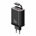 USAMS CC296 30W Fast Charger With Retractable USB-C / Type-C Cable, EU Plug(Black)