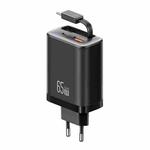 USAMS CC299 65W Fast Charger With Retractable USB-C / Type-C Cable, EU Plug(Black)