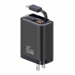 USAMS CC300 65W Fast Charger With Retractable USB-C / Type-C Cable, US Plug(Black)