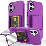 For iPhone 16 Skin Feel TPU Hidden Mirror Card Bag Phone Case with Stand(Dark Purple)