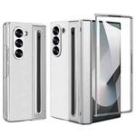 For Samsung Galaxy Z Fold6 5G Integrated Electroplated Plain Leather Pen Slot Center Axis Folding Phone Case with Stylus(White)