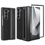 For Samsung Galaxy Z Fold6 5G Integrated Electroplated Plain Leather Pen Slot Center Axis Folding Phone Case with Stylus(Black)