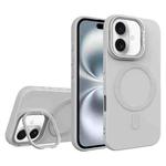 For iPhone 16 Diamond Texture Lens Holder Skin Feel MagSafe Phone Case(Grey)