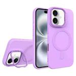 For iPhone 16 Diamond Texture Lens Holder Skin Feel MagSafe Phone Case(Purple)