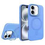 For iPhone 16 Diamond Texture Lens Holder Skin Feel MagSafe Phone Case(Sierra Blue)