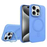 For iPhone 15 Pro Diamond Texture Lens Holder Skin Feel MagSafe Phone Case(Sierra Blue)