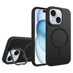 For iPhone 15 Plus Diamond Texture Lens Holder Skin Feel MagSafe Phone Case(Black)