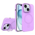 For iPhone 15 Plus Diamond Texture Lens Holder Skin Feel MagSafe Phone Case(Purple)