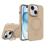 For iPhone 15 Plus Diamond Texture Lens Holder Skin Feel MagSafe Phone Case(Desert Gold)