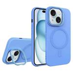 For iPhone 15 Plus Diamond Texture Lens Holder Skin Feel MagSafe Phone Case(Sierra Blue)