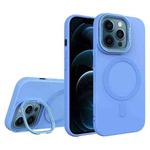 For iPhone 12 Pro Max Diamond Texture Lens Holder Skin Feel MagSafe Phone Case(Sierra Blue)
