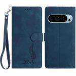 For Google Pixel 10 Pro Skin Feel Embossed Feather Leather Phone Case(Dark Blue)