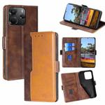 For Redmi Note 14 4G 164.84mm Contrast Color Side Buckle Leather Phone Case(Dark Brown + Gold)