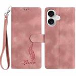 For iPhone 16 Skin Feel Embossed Feather Leather Phone Case(Pink)