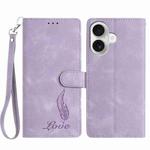 For iPhone 16 Skin Feel Embossed Feather Leather Phone Case(Purple)