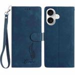 For iPhone 16 Skin Feel Embossed Feather Leather Phone Case(Dark Blue)