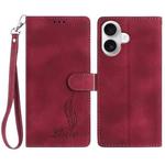 For iPhone 16 Skin Feel Embossed Feather Leather Phone Case(Red)