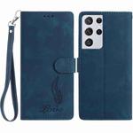 For Samsung Galaxy S21 Ultra 5G Skin Feel Embossed Feather Leather Phone Case(Dark Blue)