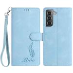 For Samsung Galaxy S22 5G Skin Feel Embossed Feather Leather Phone Case(Light Blue)