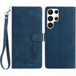 For Samsung Galaxy S22 Ultra 5G Skin Feel Embossed Feather Leather Phone Case(Dark Blue)