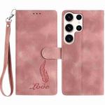 For Samsung Galaxy S25 Ultra 5G Skin Feel Embossed Feather Leather Phone Case(Pink)