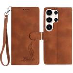 For Samsung Galaxy S25 Ultra 5G Skin Feel Embossed Feather Leather Phone Case(Brown)