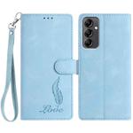 For Samsung Galaxy A14 5G Skin Feel Embossed Feather Leather Phone Case(Light Blue)