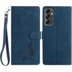 For Samsung Galaxy A14 5G Skin Feel Embossed Feather Leather Phone Case(Dark Blue)