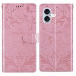 For iPhone 16 Plus Embossed Floral Pattern Leather Phone Case(Pink)