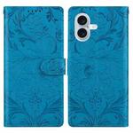 For iPhone 16 Plus Embossed Floral Pattern Leather Phone Case(Blue)