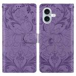 For iPhone 16 Plus Embossed Floral Pattern Leather Phone Case(Purple)