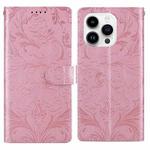 For iPhone 15 Pro Embossed Floral Pattern Leather Phone Case(Pink)
