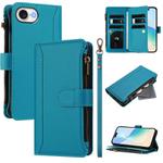 For iPhone 16e Magnetic Closure 9 Card Slots Zipper Leather Case with Hand Strap(Turquoise)