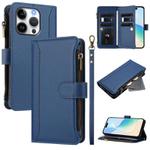 For iPhone 16 Pro Magnetic Closure Nine Card Slots Zipper Leather Phone Case with Hand Strap(Dark Blue)