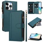 For iPhone 16 Pro Magnetic Closure Nine Card Slots Zipper Leather Phone Case with Hand Strap(Dark Green)