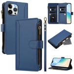For iPhone 13 Pro Max Magnetic Closure Nine Card Slots Zipper Leather Phone Case with Hand Strap(Dark Blue)