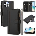For iPhone 13 Pro Max Magnetic Closure Nine Card Slots Zipper Leather Phone Case with Hand Strap(Black)