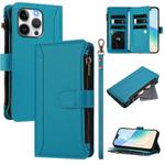 For iPhone 13 Pro Magnetic Closure 9 Card Slots Zipper Leather Case with Hand Strap(Turquoise)