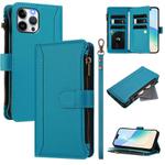 For iPhone 12 Pro Max Magnetic Closure 9 Card Slots Zipper Leather Case with Hand Strap(Turquoise)