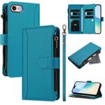 For iPhone SE 2022 / 2020 / 8 / 7 Magnetic Closure 9 Card Slots Zipper Leather Case with Hand Strap(Turquoise)