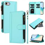 For iPhone SE 2022 / 2020 / 8 / 7 Magnetic Closure 9 Card Slots Zipper Leather Case with Hand Strap(Mint Green)