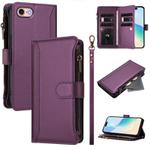 For iPhone SE 2022 / 2020 / 8 / 7 Magnetic Closure 9 Card Slots Zipper Leather Case with Hand Strap(Purple)