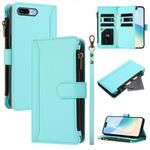 For iPhone 8 Plus / 7 Plus Magnetic Closure 9 Card Slots Zipper Leather Case with Hand Strap(Mint Green)