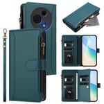 For TCL 60 NxtPaper Magnetic Closure 9 Card Slots Zipper Leather Case with Hand Strap(Dark Green)