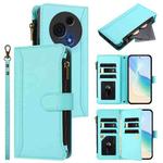 For TCL 60 NxtPaper Magnetic Closure 9 Card Slots Zipper Leather Case with Hand Strap(Mint Green)