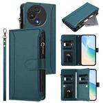 For TCL 60R 5G Magnetic Closure 9 Card Slots Zipper Leather Case with Hand Strap(Dark Green)