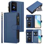 TCL 50 5G / 50 XE NxtPaper 5G Magnetic Closure 9 Card Slots Zipper Leather Case with Hand Strap(Dark Blue)