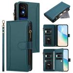 TCL 50 5G / 50 XE NxtPaper 5G Magnetic Closure 9 Card Slots Zipper Leather Case with Hand Strap(Dark Green)