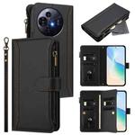 For TCL 50 Pro NxtPaper / P10 Magnetic Closure 9 Card Slots Zipper Leather Case with Hand Strap(Black)