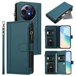 For TCL 50 Pro NxtPaper / P10 Magnetic Closure 9 Card Slots Zipper Leather Case with Hand Strap(Dark Green)